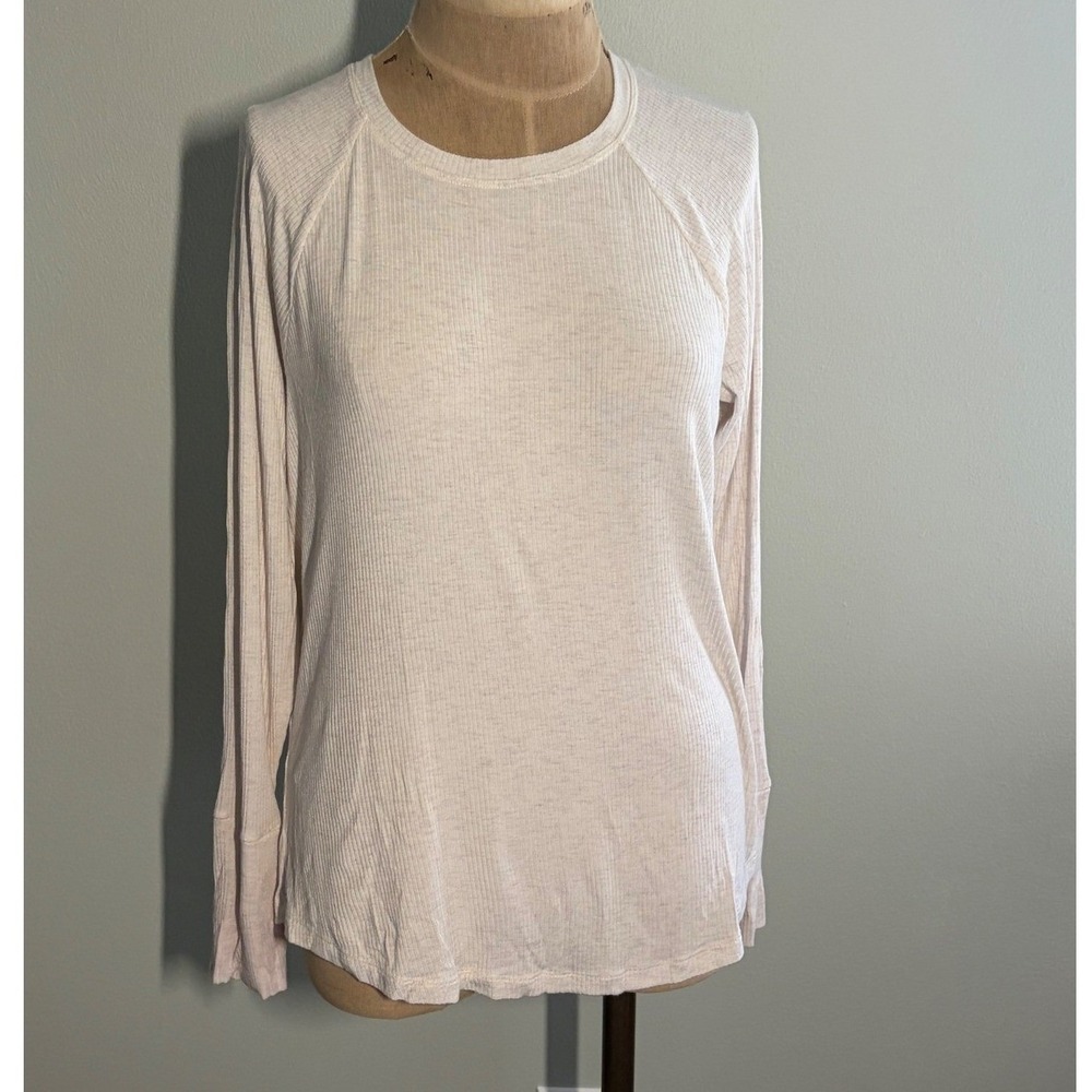 OFFLINE by Aerie Womens Relaxed Ribbed Long Sleeve‎ Raglan Top Cream Heather Med